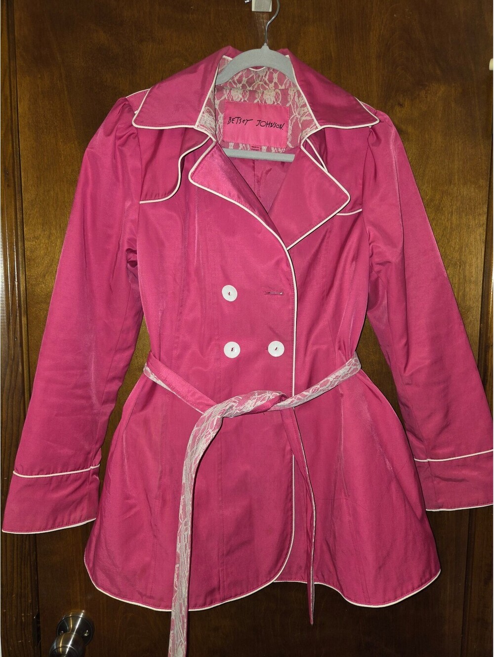 Betsey Johnson Pink Lace Trim Belted Jacket